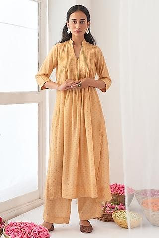 honey yellow cotton silk a-line kurta set