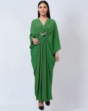 honeycomb print kaftan dress with butterfly applique