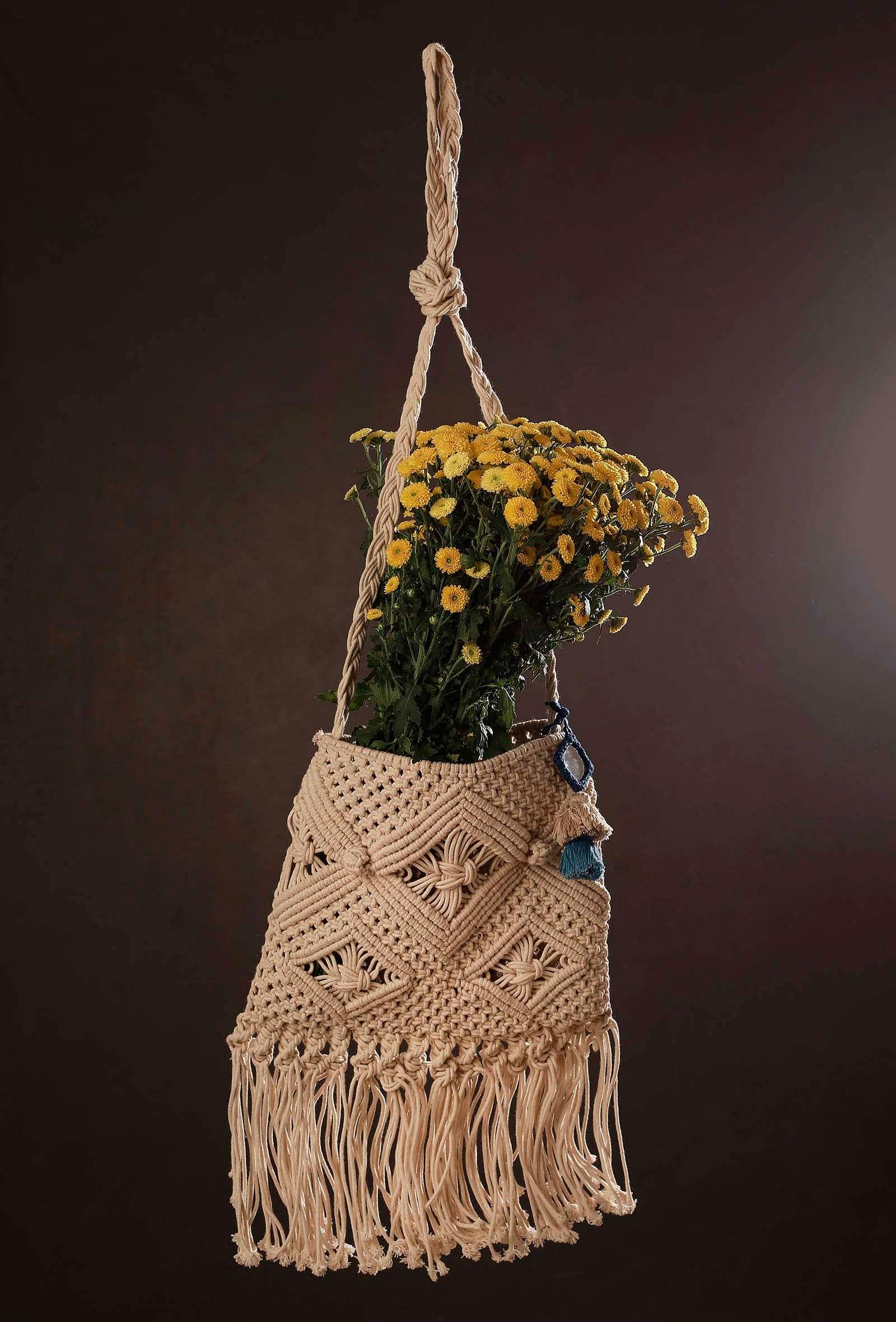 honeydew macrame tote bag with blue tassels