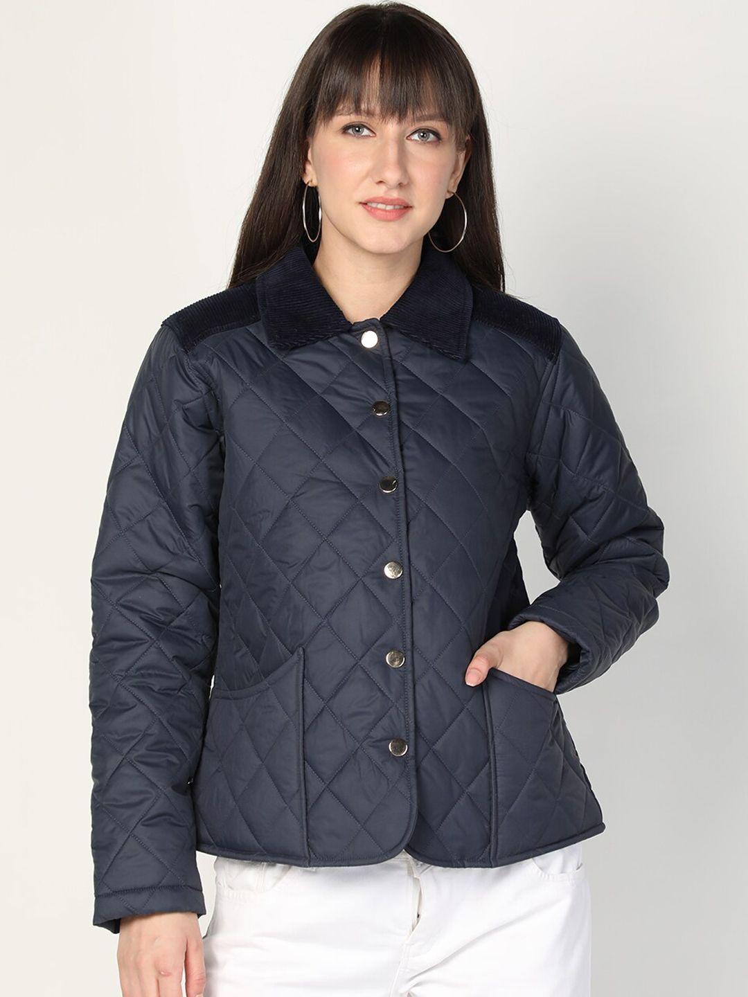 honnete women blue geometric lightweight crop outdoor quilted jacket