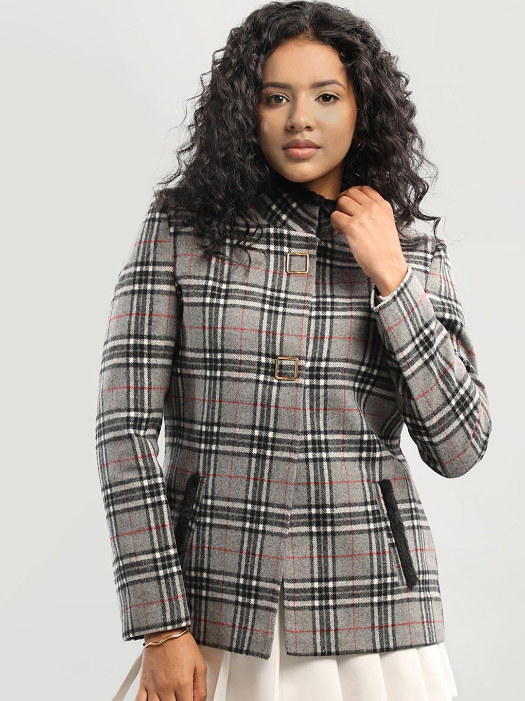 honnete checked mock collar overcoat