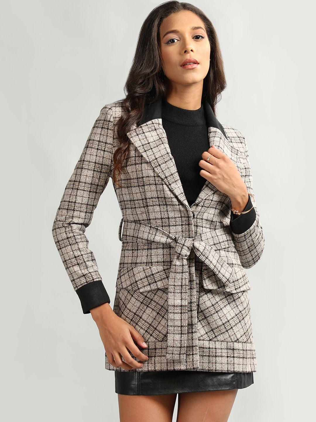 honnete checked notch lapel collar regular fit casual trench coat