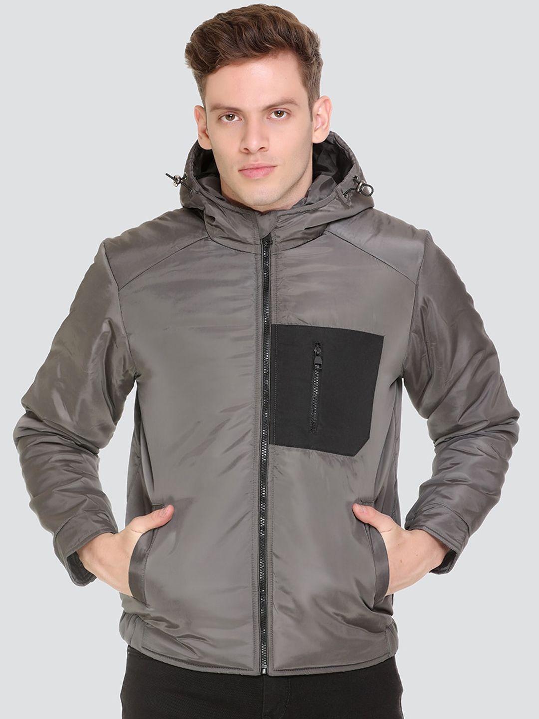 honnete men grey colourblocked lightweight puffer jacket with patchwork