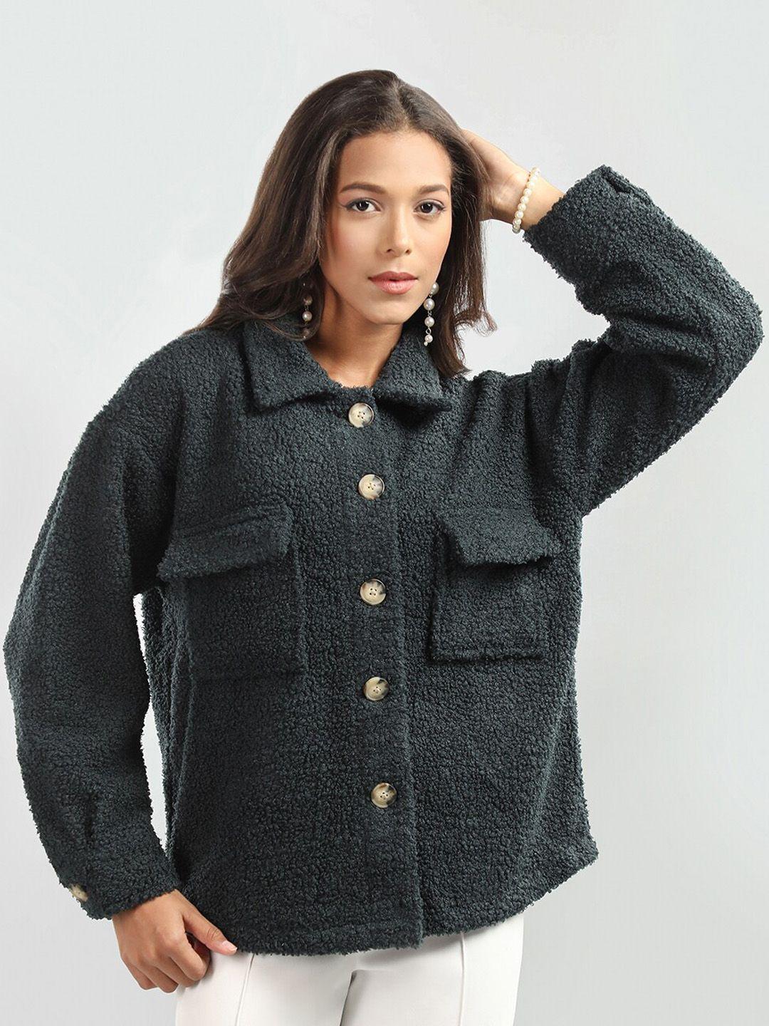 honnete spread collar buttoned pea coat with faux fur trims