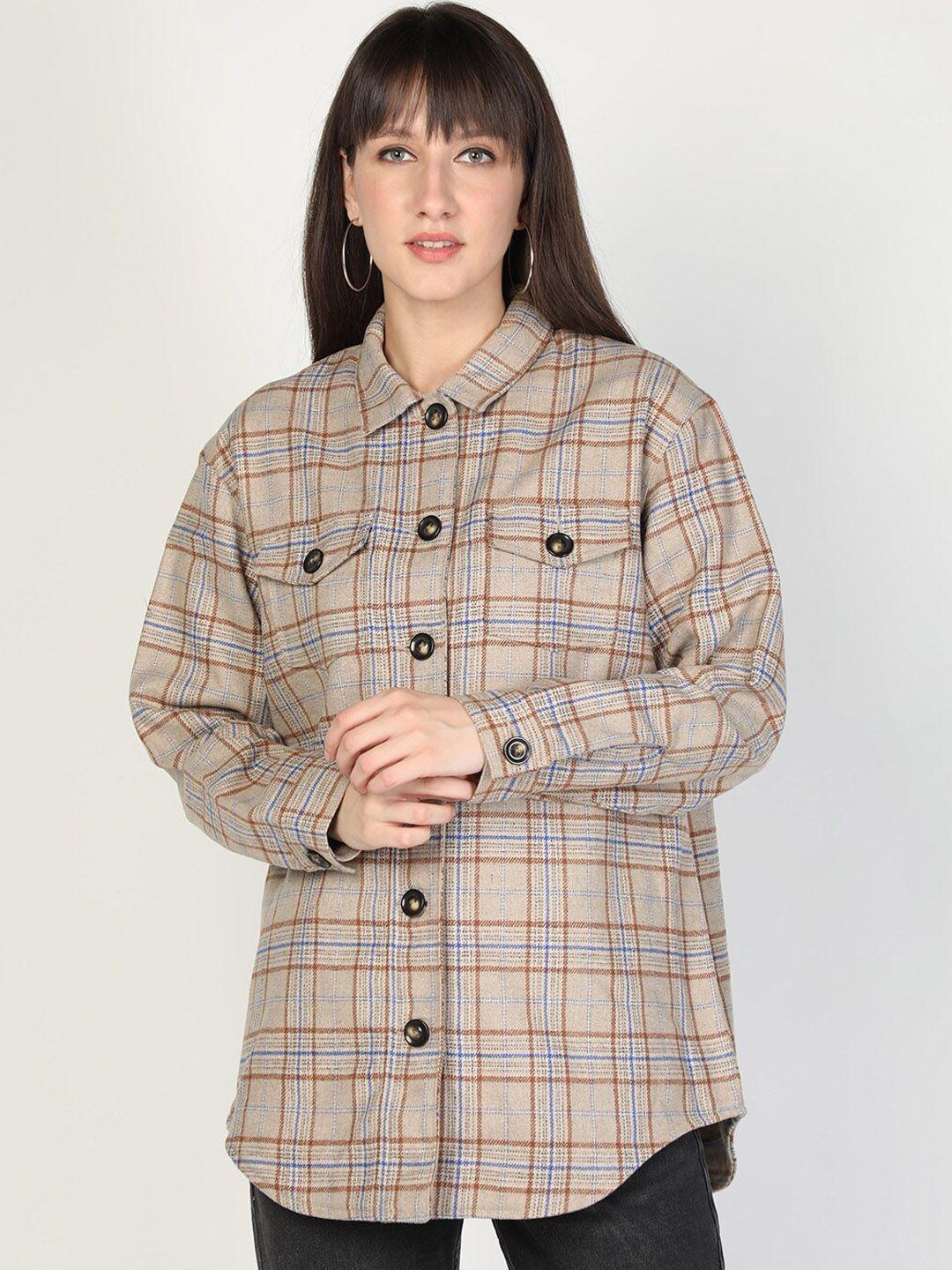 honnete women beige & brown checked acrylic longline shackets