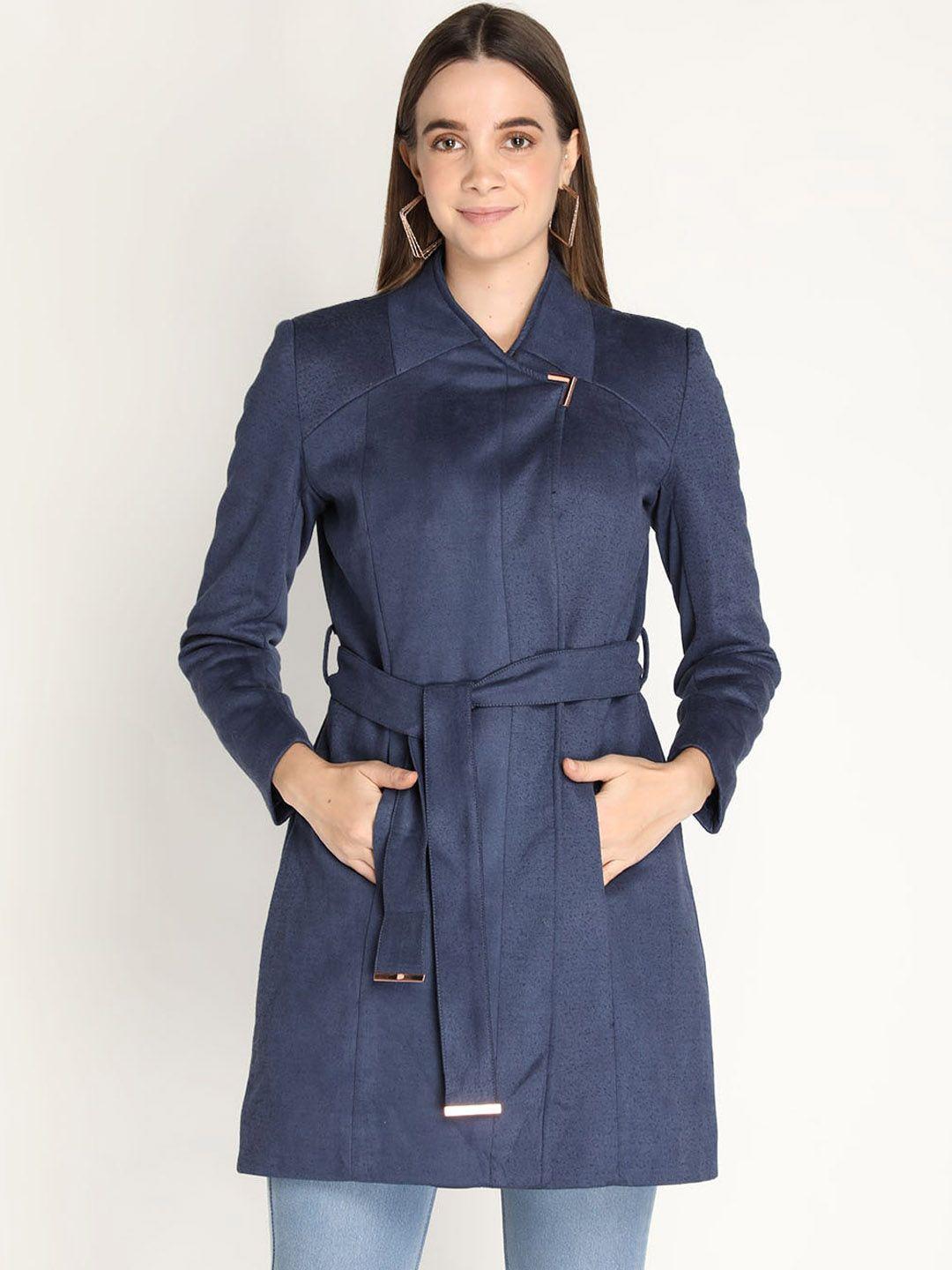 honnete women blue solid winter coat with belt