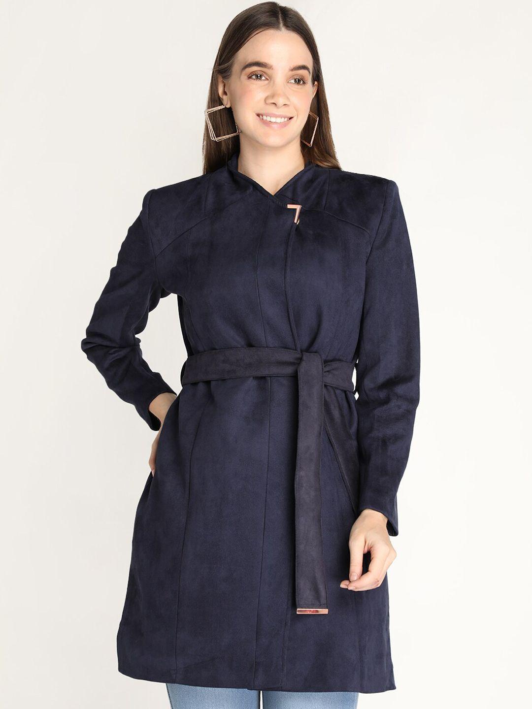 honnete women navy blue solid double-breasted trench coat