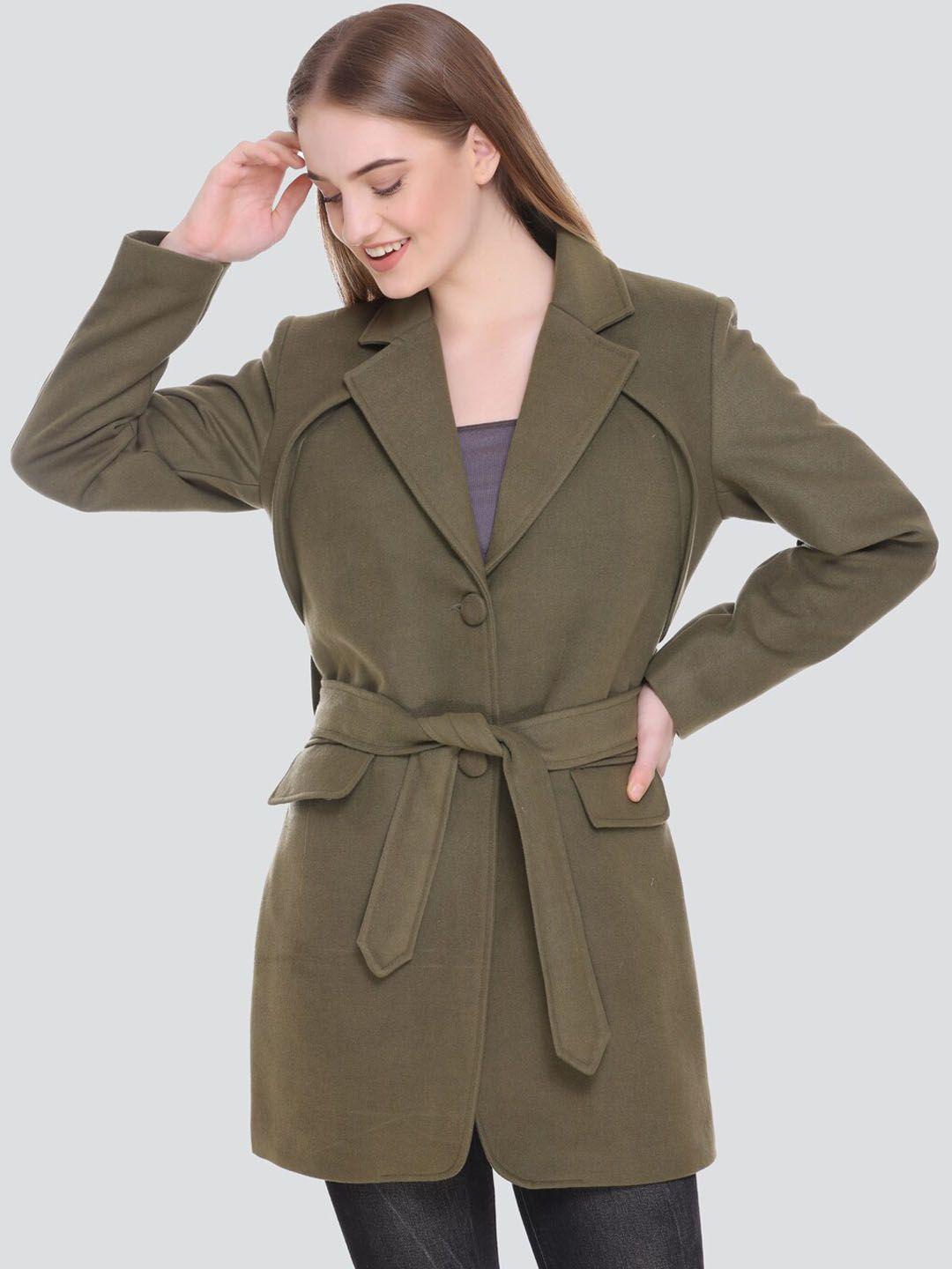 honnete women olive green solid trench coat