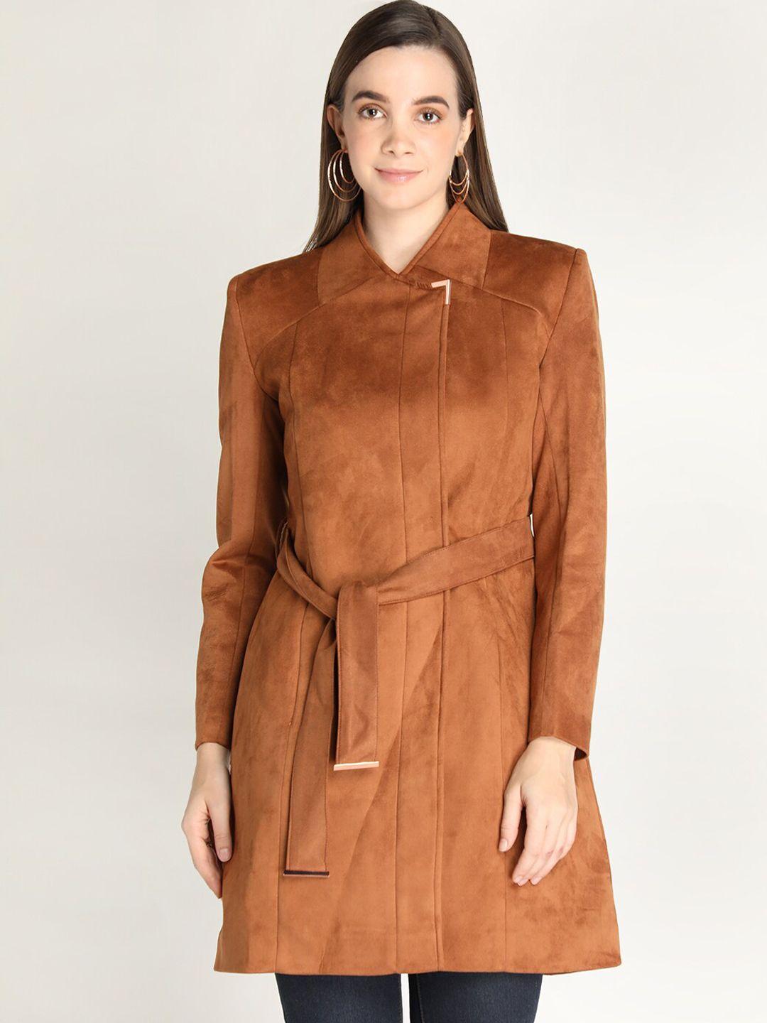 honnete women tan brown solid suede coat with belt