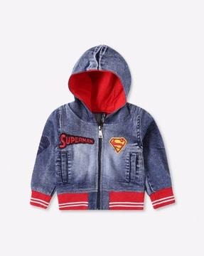 hooded denim jacket with superman applique