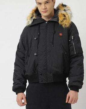 hooded jacket with fur trims