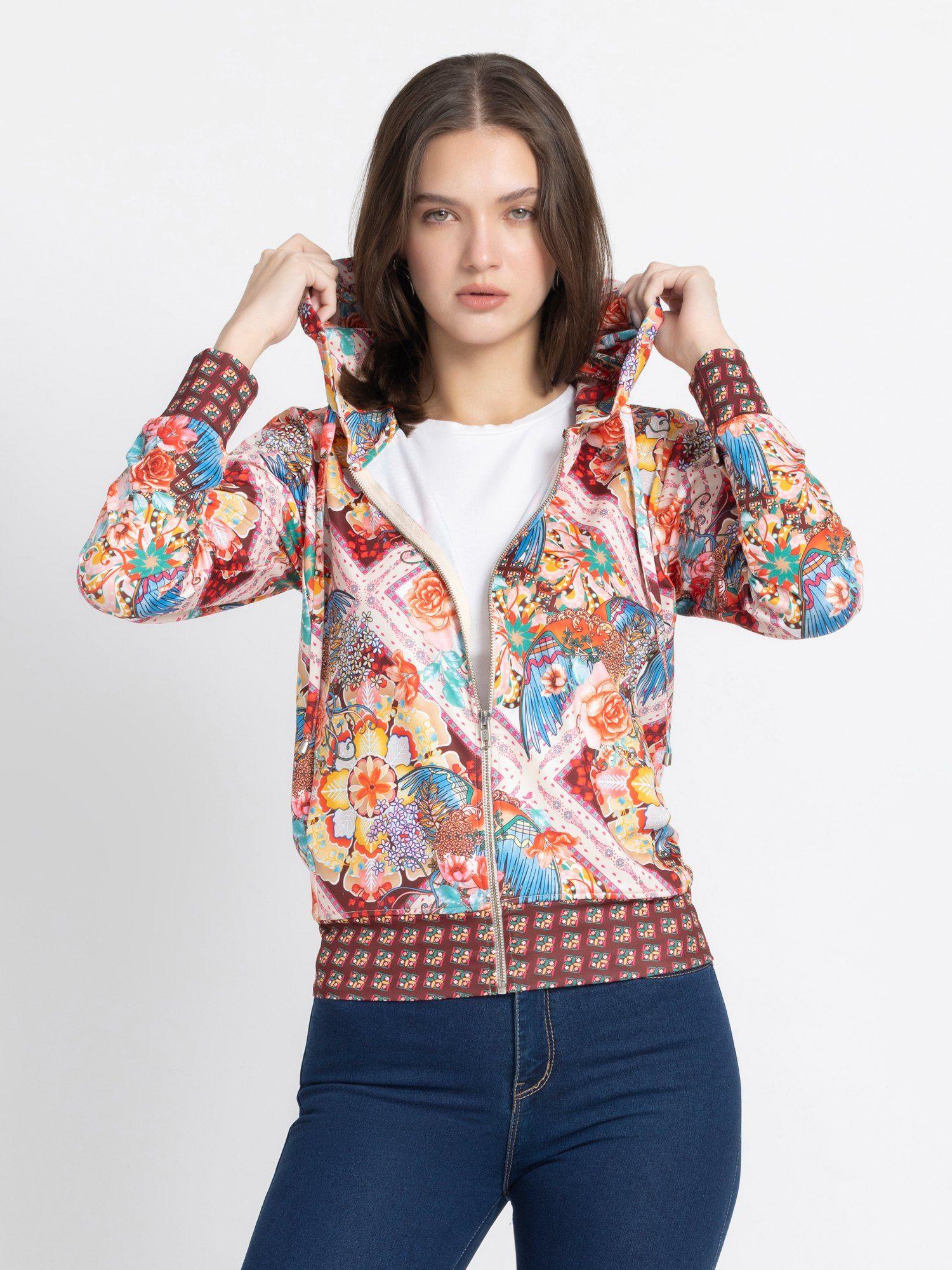 hooded neck beige floral print full sleeves casual jackets for women