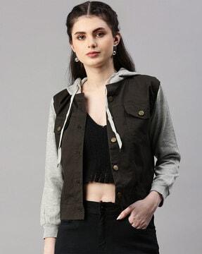 hooded button-down jacket with flap pockets