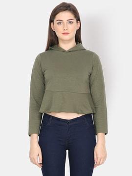 hooded crop sweatshirt with ruffled hems