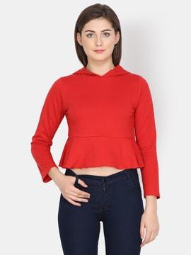 hooded crop sweatshirt with ruffled hems