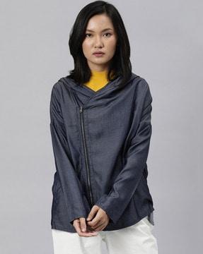 hooded jacket with zip fly-style
