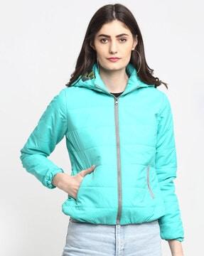 hooded jacket with zip front closure