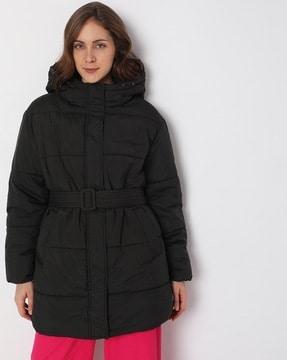 hooded puffer jacket with belt