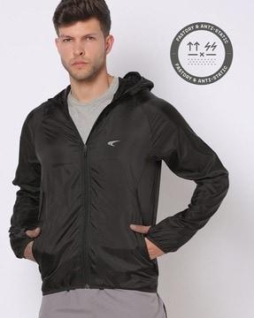 hooded running jacket with raglan sleeves