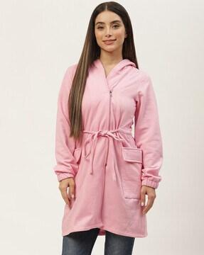 hooded trench coat with waist tie-up