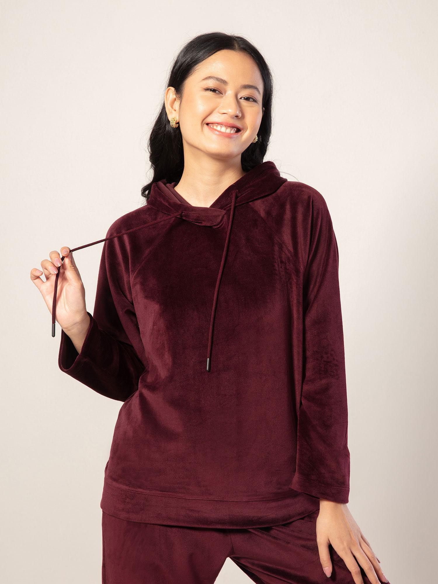 hooded velour sweatshirt - ruby wine nys052 maroon