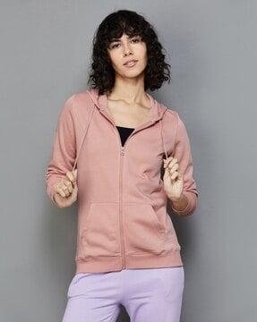 hooded zip-front sweatshirt with ribbed hem