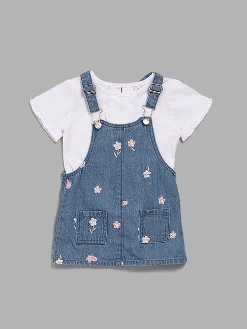 hop baby by westside blue embroidered dungaree with t-shirt