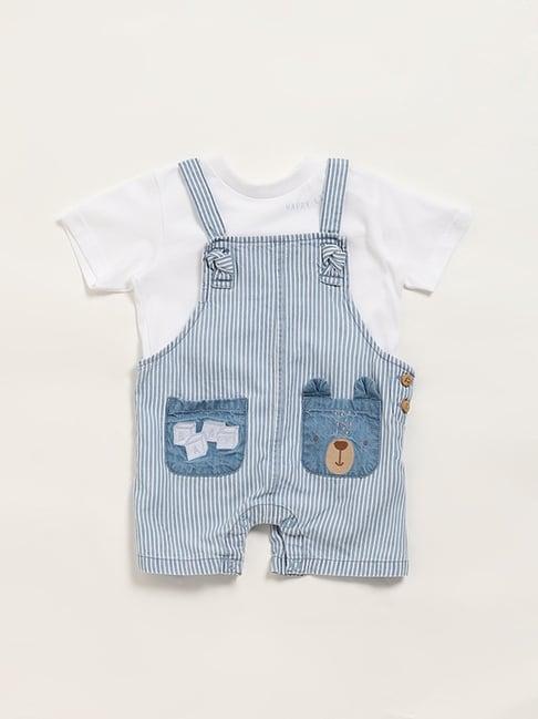 hop baby by westside blue striped dungaree & t-shirt set