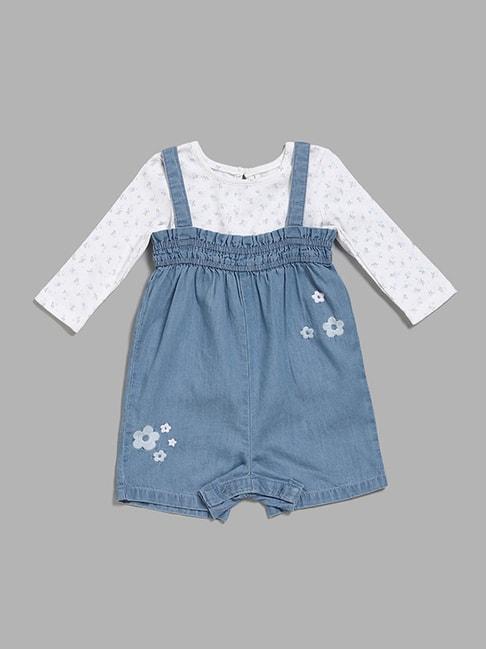hop baby by westside floral t-shirt with embroidery blue denim dungaree