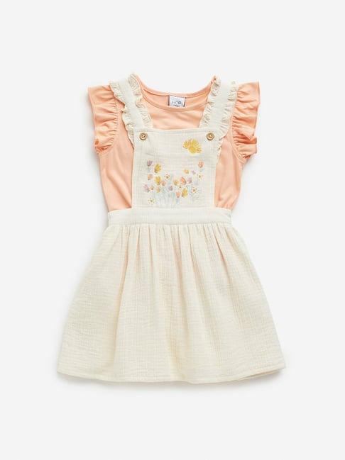 hop kids by westside off-white embroidered pinafore and t-shirt set
