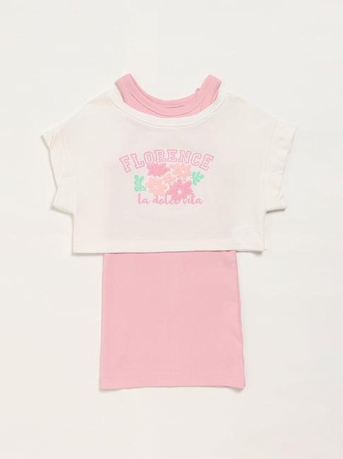 hop kids by westside pink & white floral printed crop top with dress