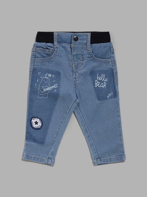 hop baby by westside bear patch printed blue denim jeans