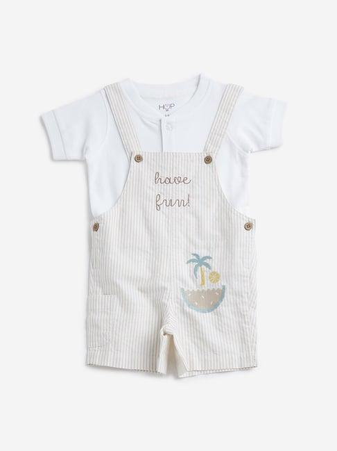 hop baby by westside beige striped dungaree with t-shirt set