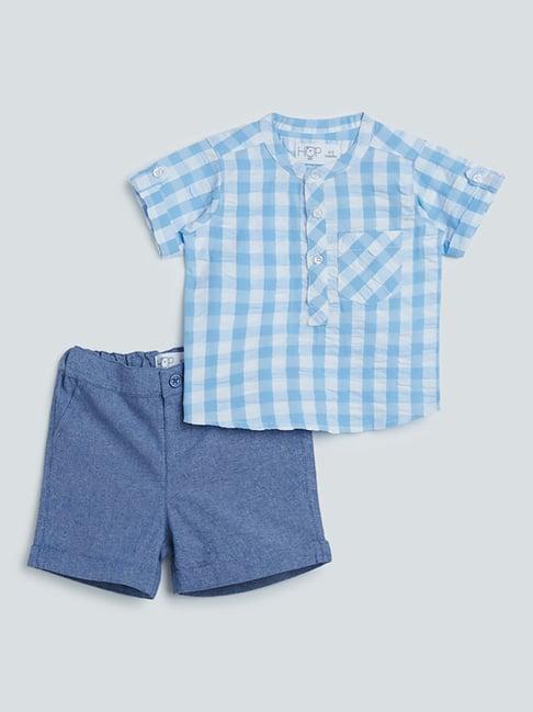 hop baby by westside blue checkered shirt and shorts set