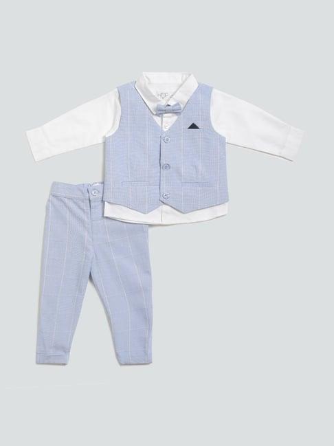hop baby by westside blue checks shirt, waistcoat and trouser set