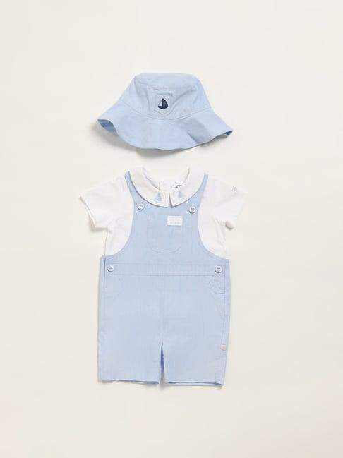 hop baby by westside blue dungaree, t-shirt & hat set