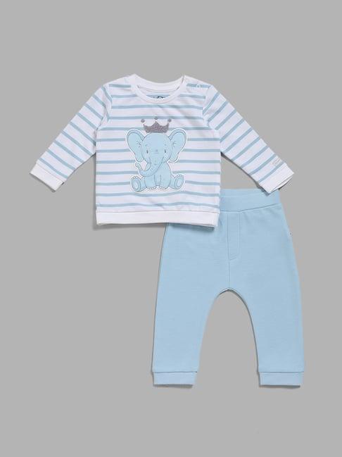 hop baby by westside blue elephant printed t-shirt & pants set