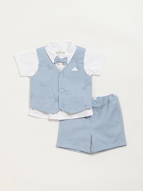 hop baby by westside blue shirt, shorts, waistcoat & bow set