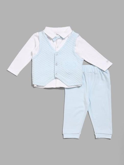hop baby by westside blue shirt, waistcoat, pant and bow set
