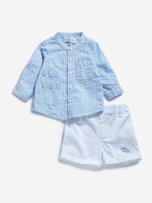 hop baby by westside blue striped shirt with shorts set