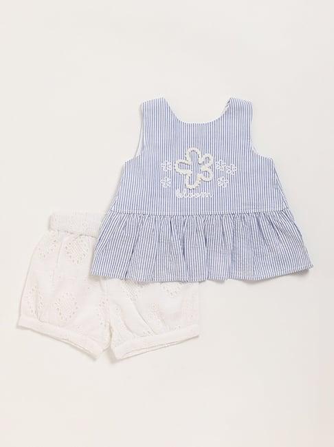 hop baby by westside blue striped top & shorts set