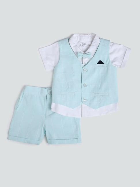 hop baby by westside checks mint shirt & waist coat with shorts & bow