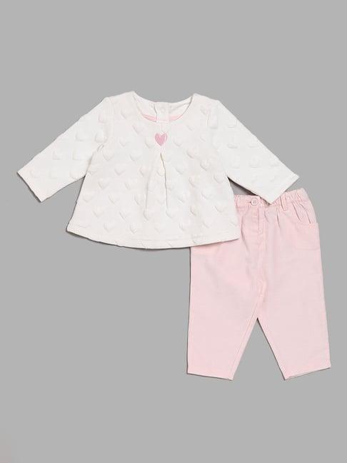 hop baby by westside heart patterned white top with plain pink pants