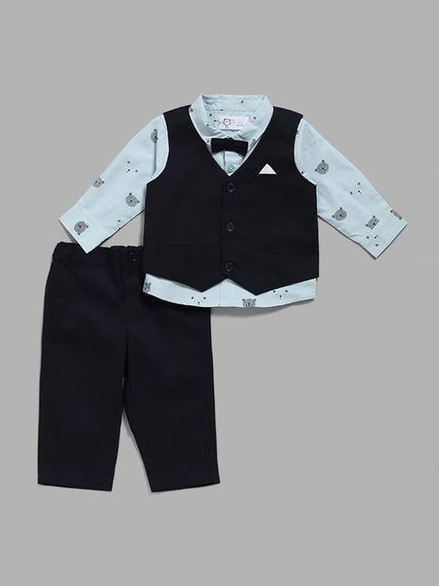 hop baby by westside light blue shirt & navy waistcoat, trousers & bow