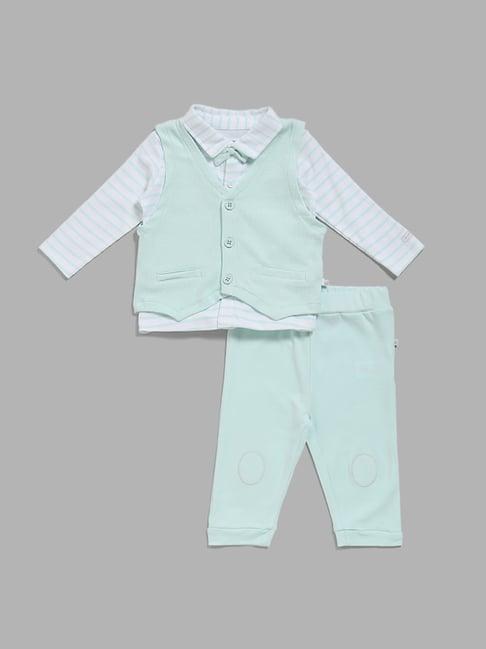 hop baby by westside mint striped shirt, waistcoat & pants with bow set