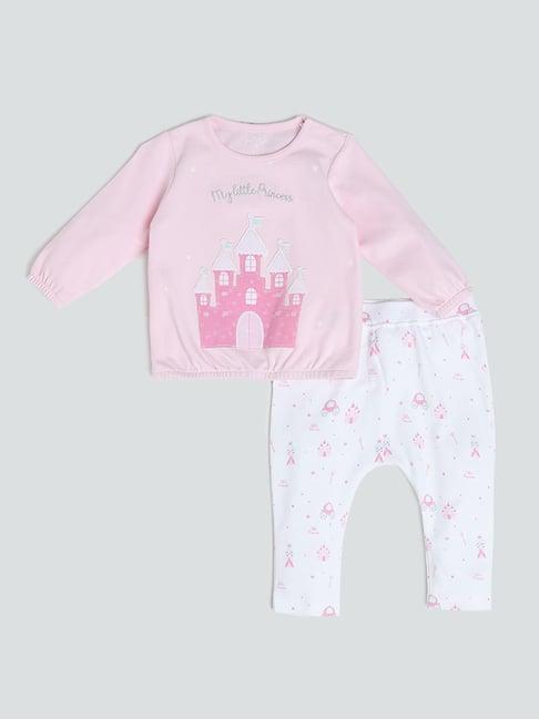 hop baby by westside pink castel design t-shirt with bottom set