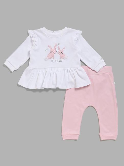 hop baby by westside white bunny embroidered top & pants set