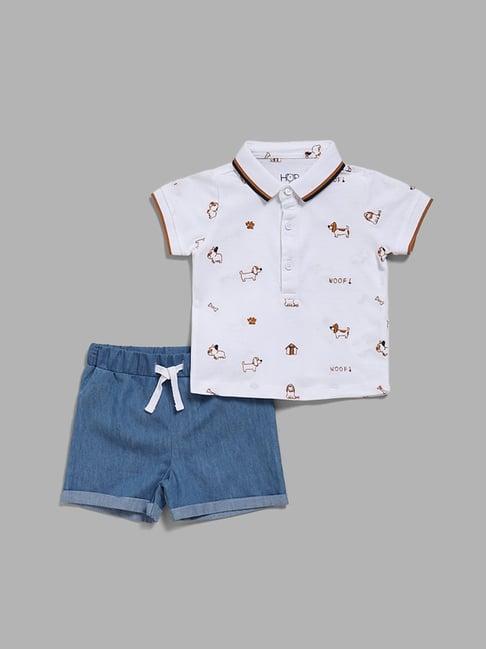 hop baby by westside white embroidered polo t-shirt & denim shorts set