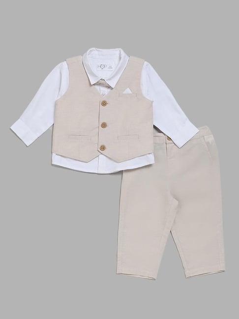 hop baby by westside white shirt & light beige waistcoat, trouser & bow