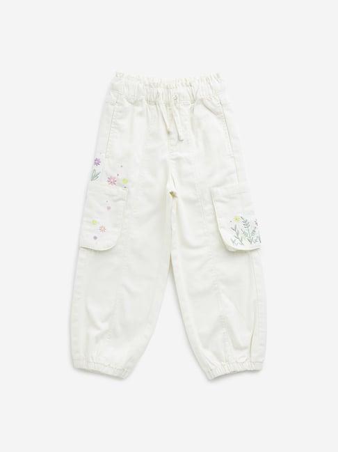 hop kids by westside off-white floral embroidered mid-rise joggers